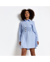 River Island Blue Shirred Poplin Mini Dress