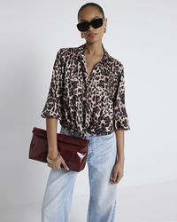 River Island - Brown Leopard Print Wrap Shirt - Lyst