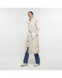 River Island - Cream Belted Padded Longline Gilet - Lyst