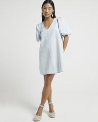 River Island - Petite Denim Puff Sleeve Mini Dress - Lyst