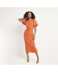 River Island - Coral Ruched Puff Sleeve Shift Midi Dress - Lyst