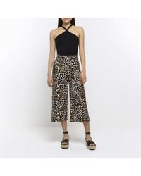 River Island - Beige Leopard Print Wide Leg Trousers - Lyst