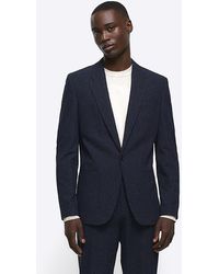 River Island - Navy Slim Fit Textured Suit Jacket - Lyst