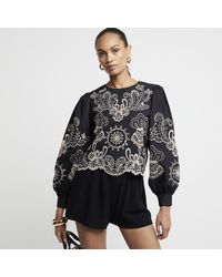 River Island - Black Floral Broderie Blouse - Lyst