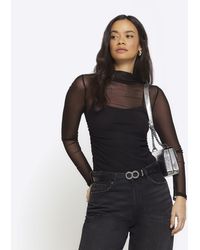 River Island - Black Mesh Ruched Long Sleeve Top - Lyst