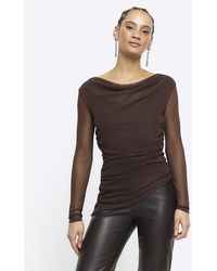 River Island - Brown Mesh Ruched Long Sleeve Top - Lyst