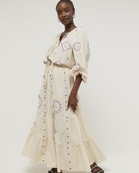 River Island - Cream Embroidered Tiered Maxi Skirt - Lyst