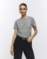 River Island - Grey Embroidered Floral T-shirt - Lyst