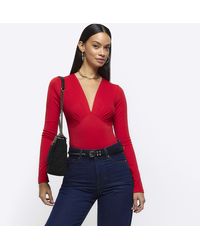 River Island - Red Plunge Long Sleeve Bodysuit - Lyst