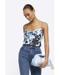 River Island - Blue Satin Floral Cowl Cami Top - Lyst