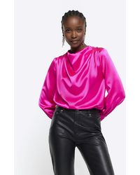 River Island - Pink Satin Cowl Neck Blouse - Lyst