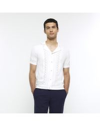 River Island - White Slim Border Print Knitted Revere Shirt - Lyst