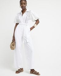 River Island - White Broderie Belted Jumpsuit - Lyst