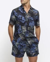 River Island - Blue Regular Fit Floral Short Sleeve Shirt - Lyst