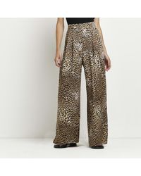 River Island - Brown Leopard Print Wide Leg Trousers - Lyst