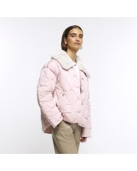 River Island - Pink Faux Fur Collar Padded Jacket - Lyst