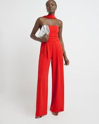 River Island - Red Ruched Top Wide Leg Jumpsuit - Lyst