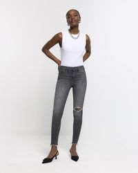 River Island - Grey High Waisted Bum Sculpt Ripped Jeggings - Lyst