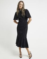 River Island - Black Textured Embellished Bodycon Midi Dress - Lyst