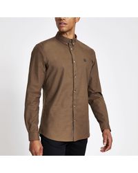 River Island - Brown Slim Fit Long Sleeve Oxford Shirt - Lyst