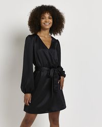 River Island - Black Long Sleeve Satin Wrap Mini Dress - Lyst
