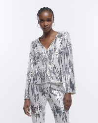 River Island - Sequin Long Sleeve Top - Lyst