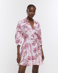 River Island - Pink Floral Tie Waist Mini Shirt Dress - Lyst