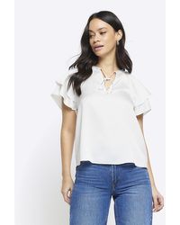 River Island - White Satin Frill Sleeve Blouse - Lyst
