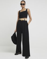 River Island - Black Belted Wide Leg Trousers - Lyst