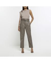 River Island - Grey Faux Leather Belted Paperbag Trousers - Lyst