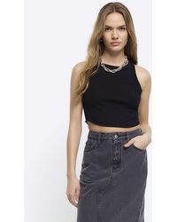 River Island - Black Ribbed Crop Racer Top - Lyst