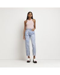 River Island - Blue Printed High Rise Mom Jeans - Lyst