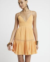 River Island - Orange Shirred Tiered Beach Mini Dress - Lyst