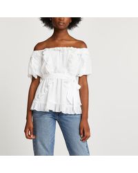 River Island Cream Frill Bardot Belted Top - White