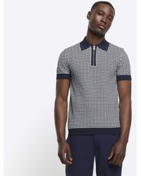 River Island - Navy Muscle Fit Knit Geo Polo T-shirt - Lyst