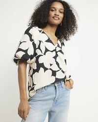 River Island - Black Floral Puff Sleeve Blouse - Lyst