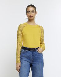 River Island - Yellow Rib Lace Long Sleeve Top - Lyst