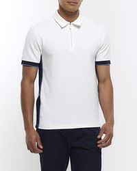 River Island - White Slim Fit Textured Taped Polo Shirt - Lyst