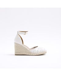River Island - White Cut Out Floral Espadrille Wedge Sandals - Lyst