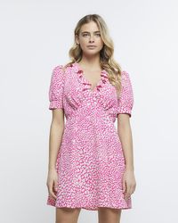 River Island - Pink Heart Print Frill Swing Mini Dress - Lyst