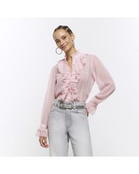 River Island - Pink Frill Fluted Cuff Blouse - Lyst