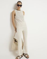 River Island - White Crochet Stitch Detail Wide Leg Trousers - Lyst