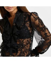 River Island Black Sequin Embellished Lace Shirt