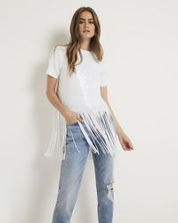 River Island - White Sequin Fringe Detail T-shirt - Lyst