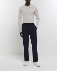 River Island - Navy Slim Fit Waffle Smart Trousers - Lyst