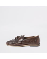 River Island - Dark Brown Leather Woven Tassel Loafers - Lyst