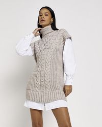 River Island - Beige Cable Knit Mini Jumper Shirt Dress - Lyst