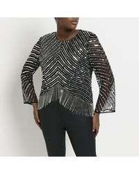 River Island - Plus Silver Sequin Long Sleeve Blouse - Lyst