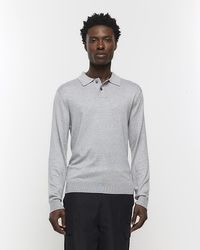 River Island - Grey Slim Fit Knitted Long Sleeve Polo - Lyst