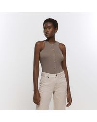 River Island - Grey Ribbed Button Up Vest Top - Lyst